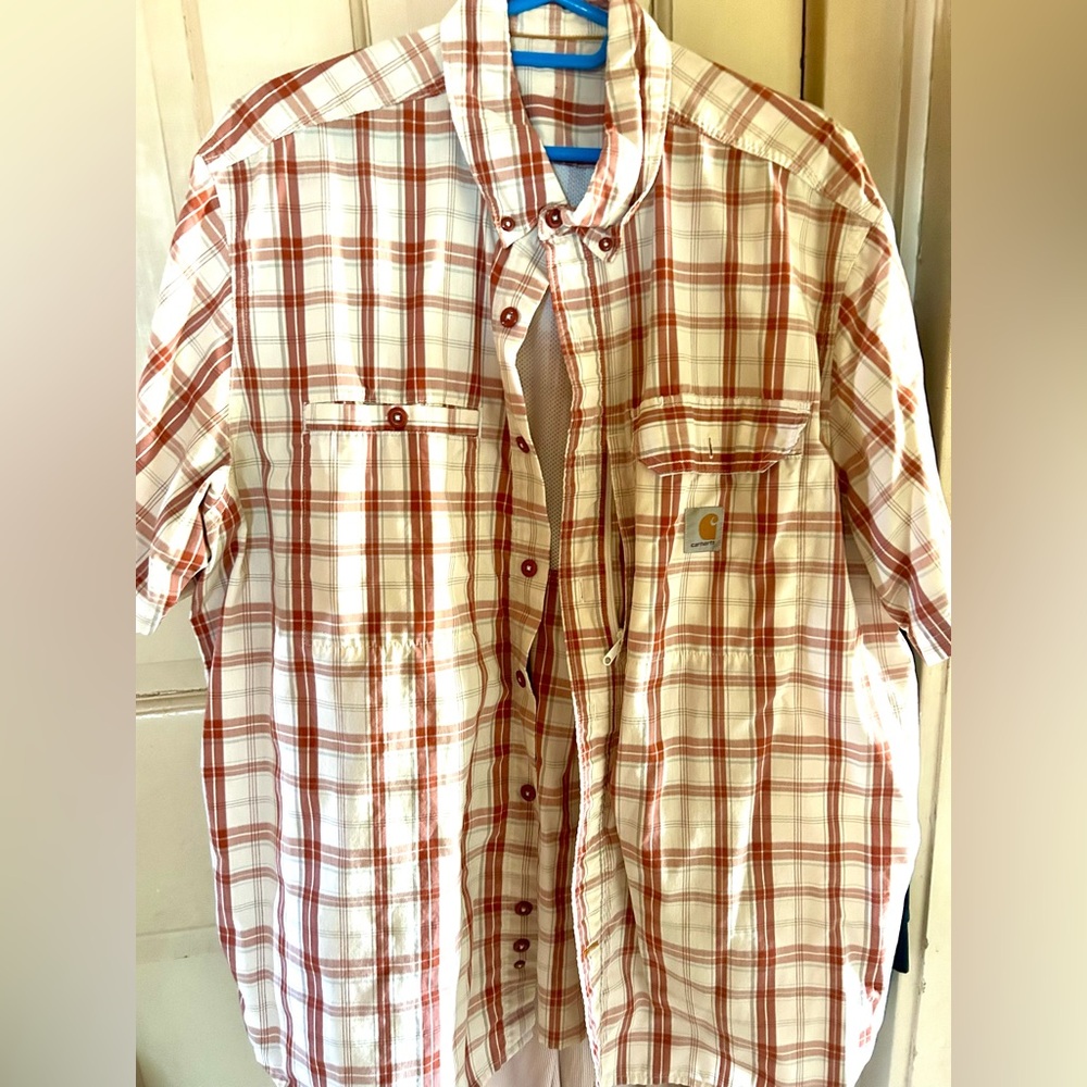 Carhartt Men's White and Rust Plaid Short-Sleeve Button-Down Shirt.Inside mesh